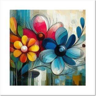 Abstract Blue Red Yellow Flower Posters and Art